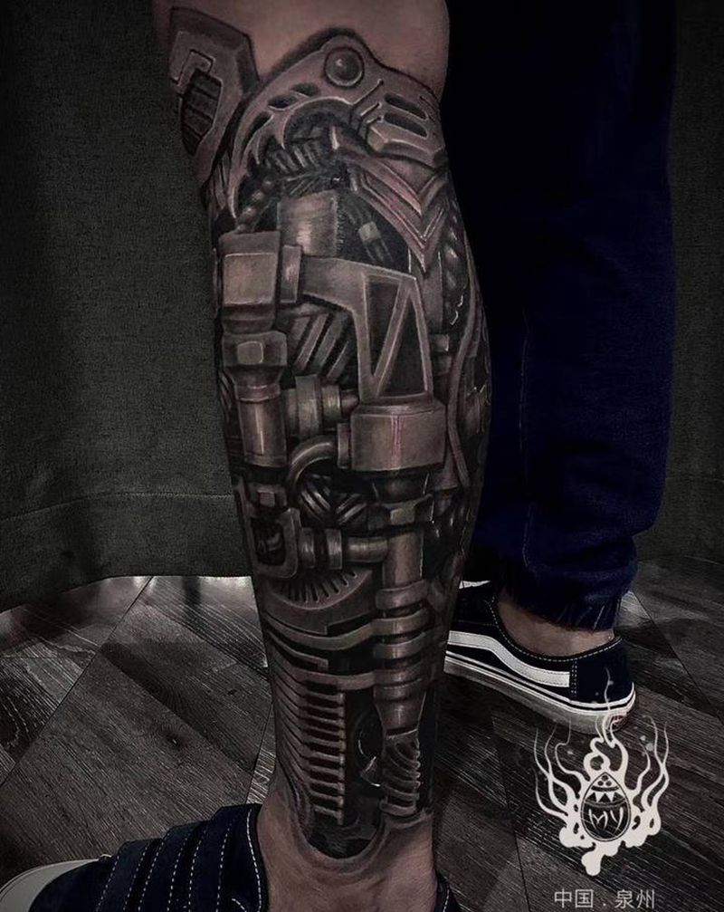机械腿纹身图片_腿部脚部机械腿纹身图案