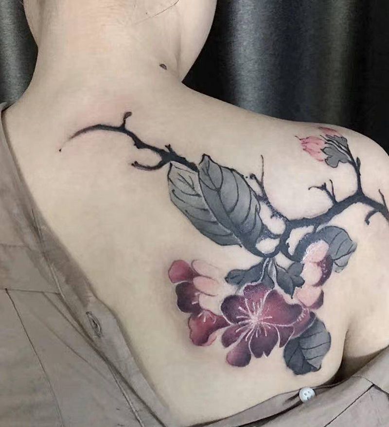 后肩纹身纹身图片_肩部水墨水彩纹身图案