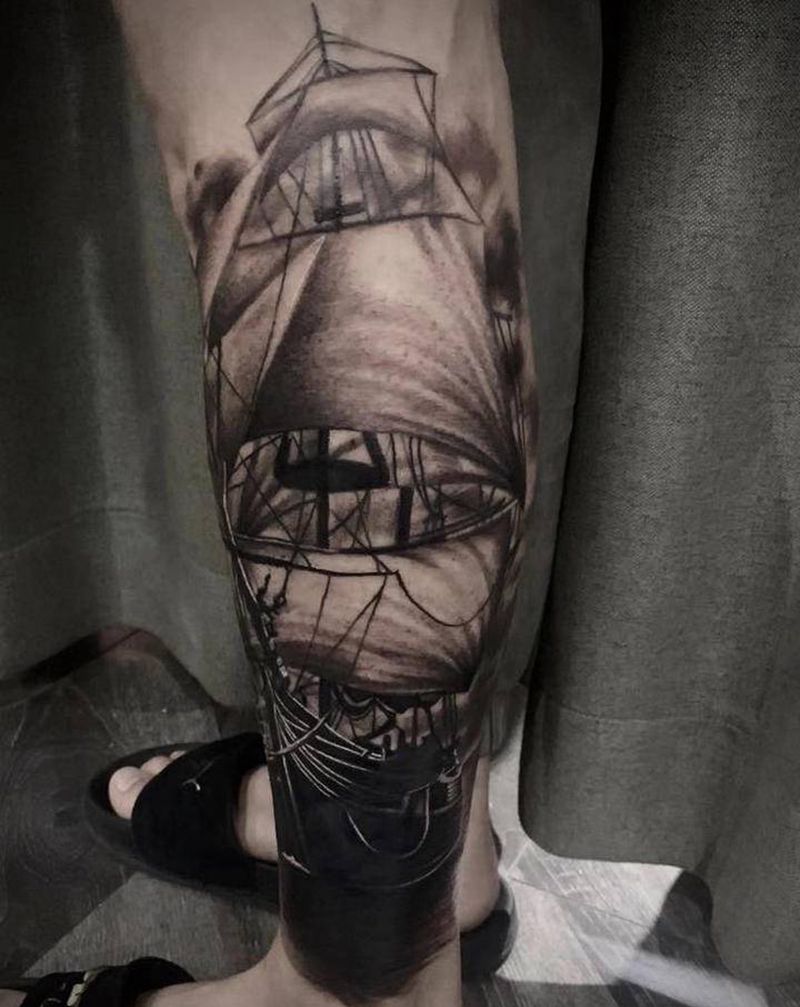 帆船纹身，旧图修改纹身图片_腿部脚部帆船纹身图案