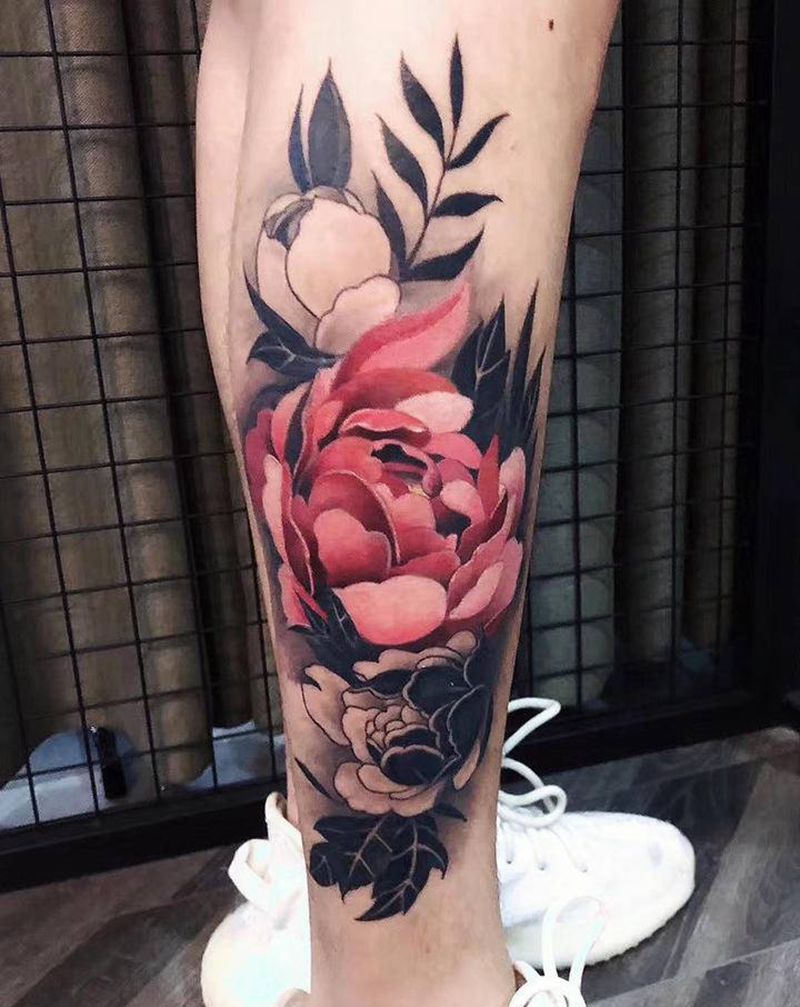 花纹身图片_腿部脚部水墨水彩花纹身图案