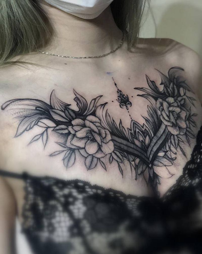 素花/花胸遮盖纹身图片_胸部肩部点刺图腾纹身图案