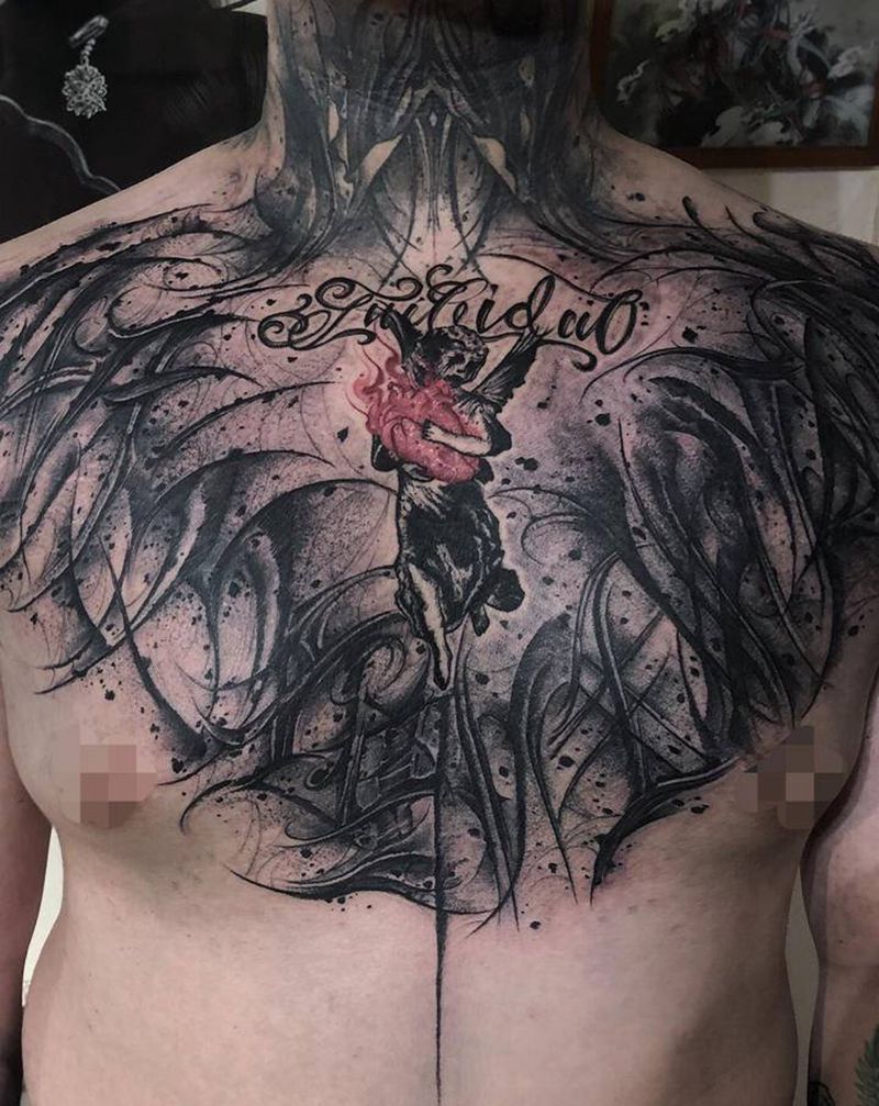 花体字恶魔纹身图片_胸部肩部花体字水墨暗黑心脏纹身图案