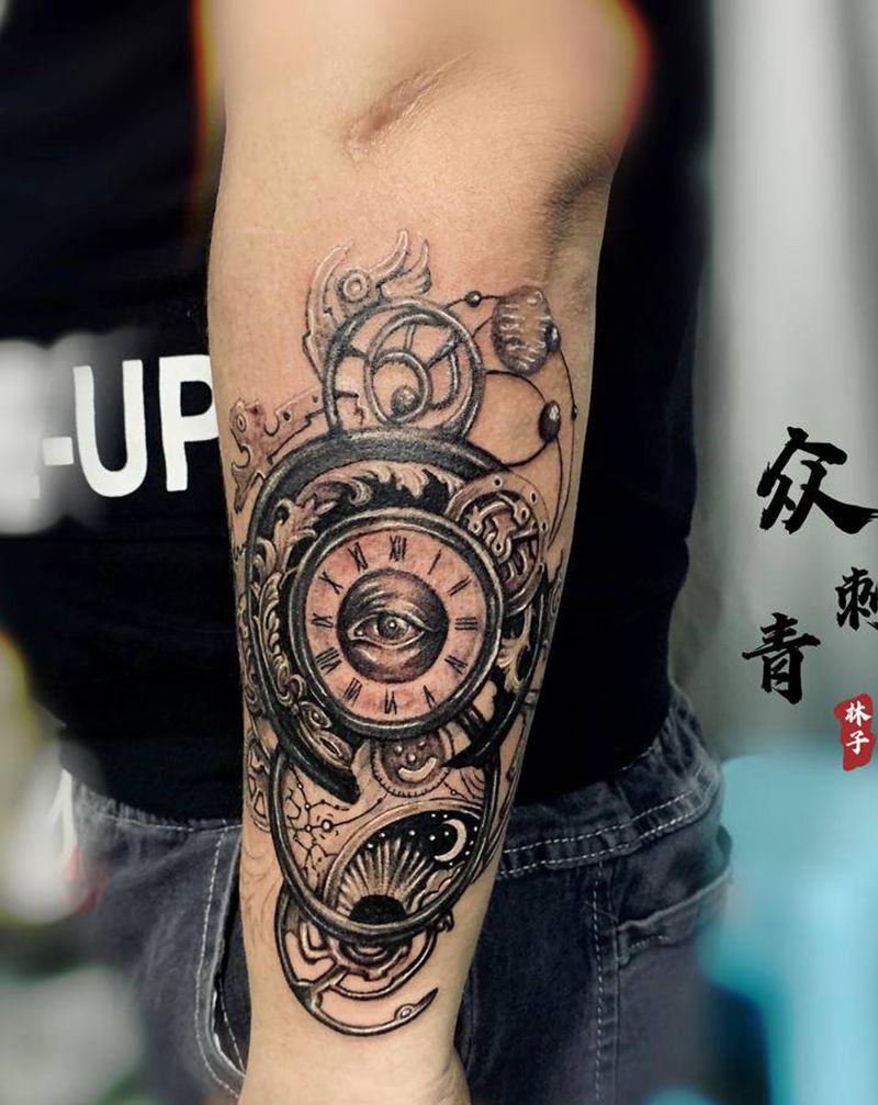 钟表纹身图片_手臂几何欧美写实纹身图案