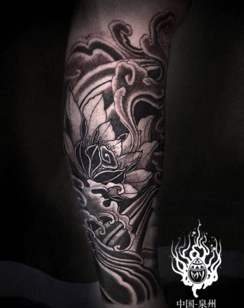 荷花象神纹身纹身图片_腿部新传统象神荷花纹身图案