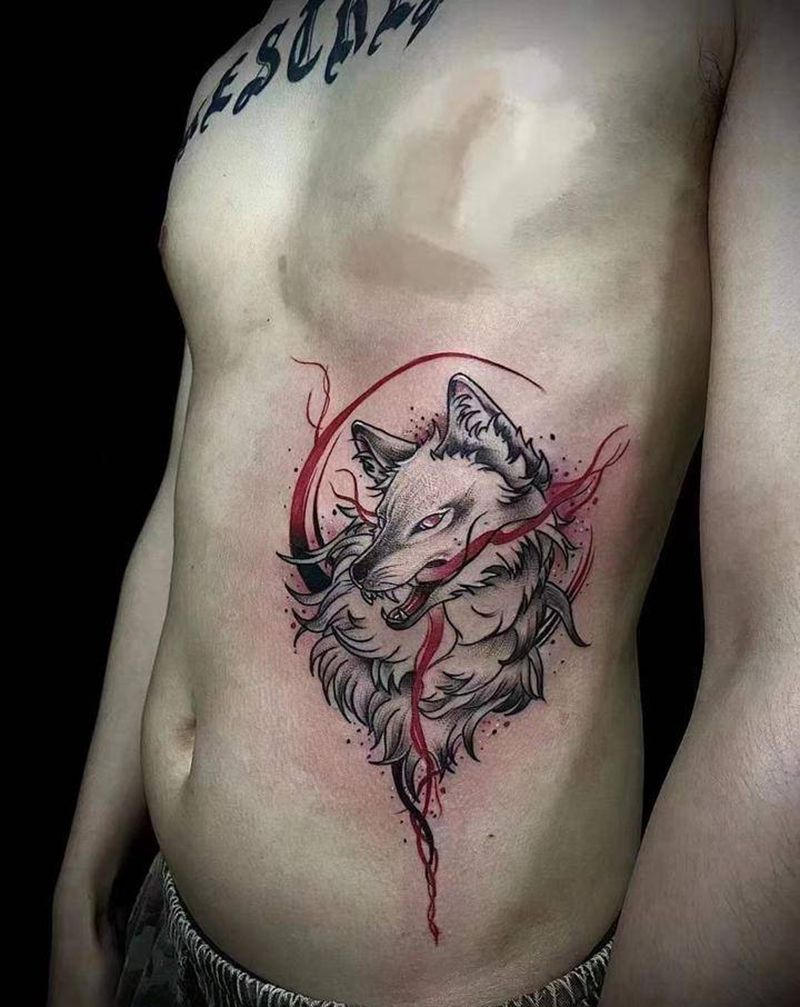 狼纹身图片_腹部腰部纹身图案