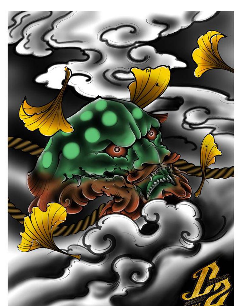 手稿唐狮纹身图片_手臂腿部新传统老传统纹身图案