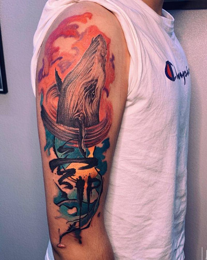 「鲸鱼」纹身图片_手臂水彩鲸鱼纹身图案