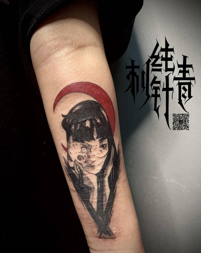 富江双面女遮盖纹身图片_手臂点刺水墨纹身图案