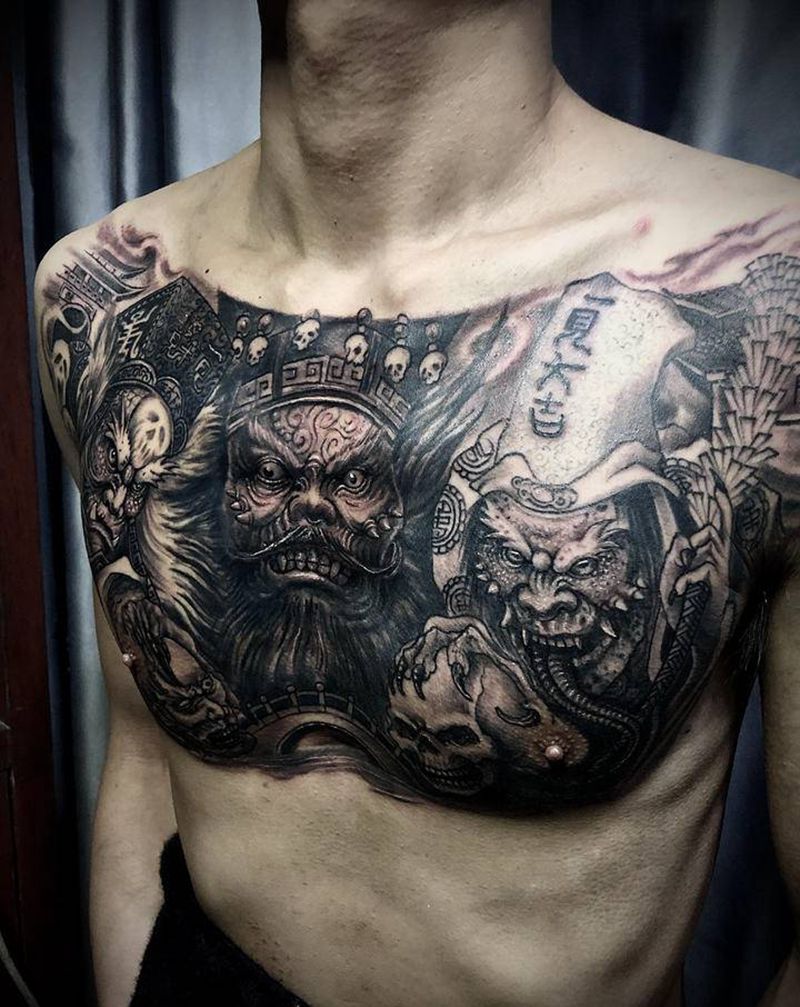 判官黑白无常纹身图片_胸部新传统神话纹身图案