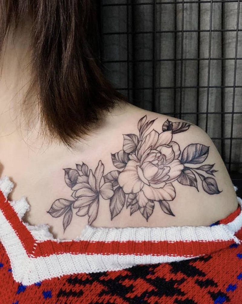 素花,纹身图片_肩部素花肩花纹身图案