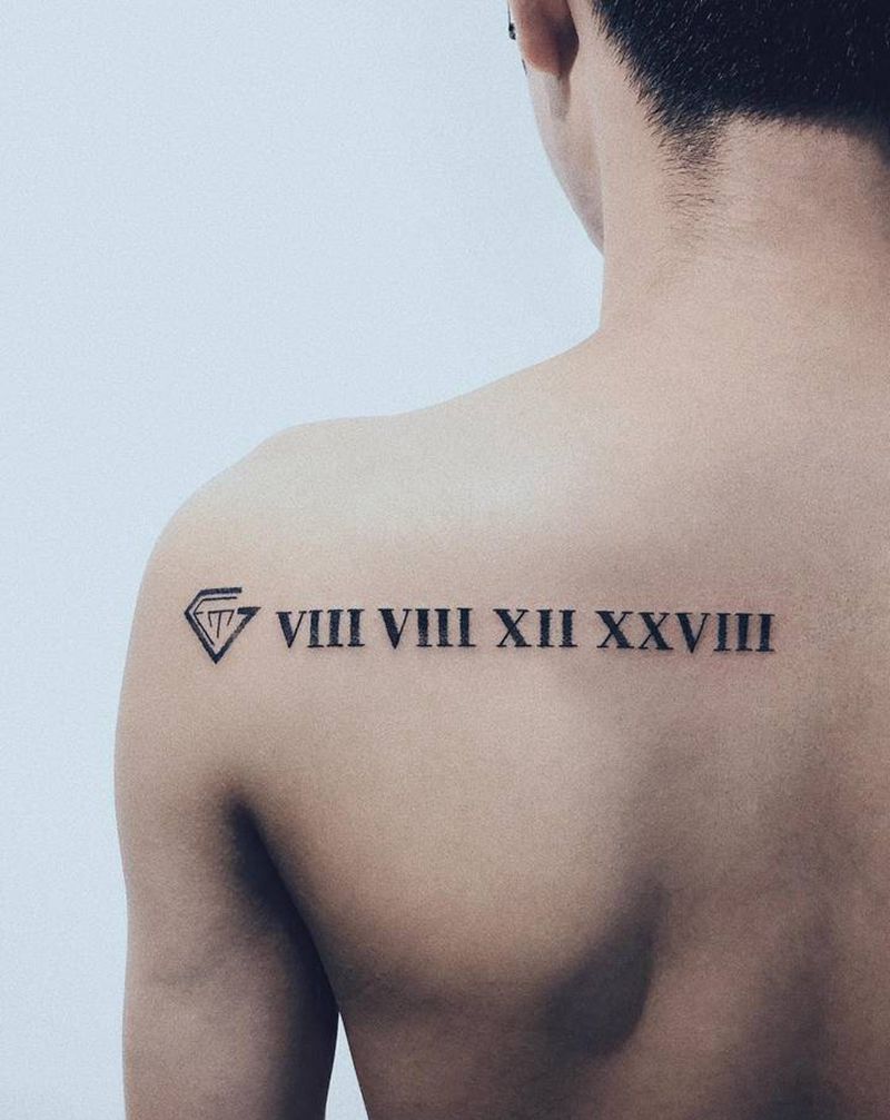 罗马日期纹身图片_肩部背部点刺纹身图案