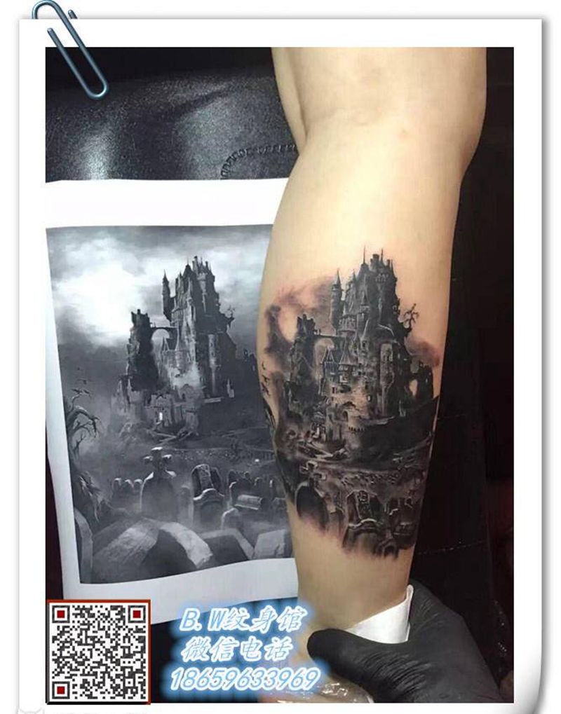 古堡纹身图片_腿部欧美写实纹身图案