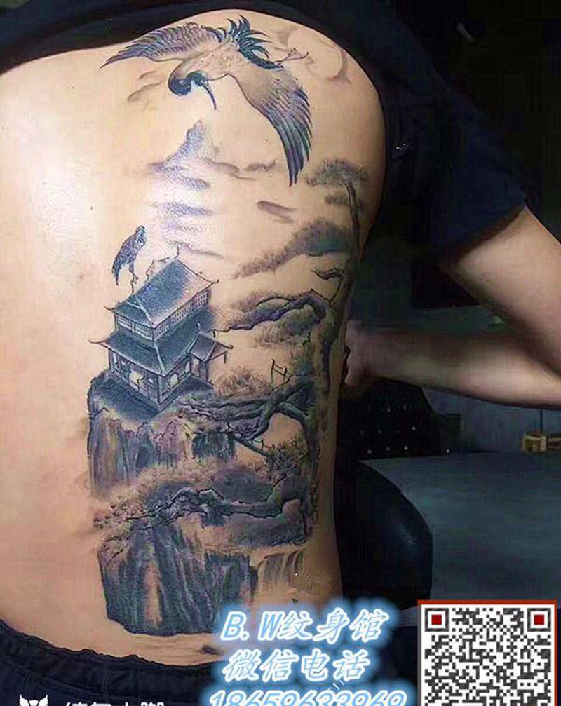 景纹身图片_背部腰部水墨纹身图案