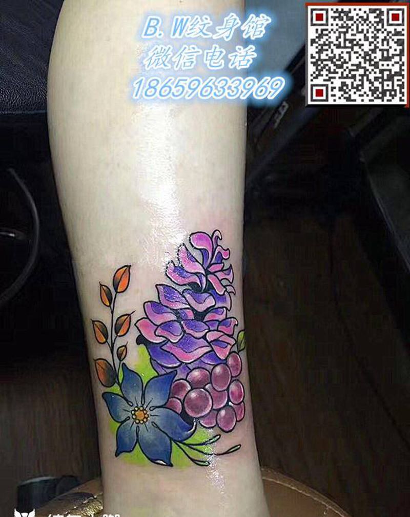植被纹身图片_腿部水彩纹身图案