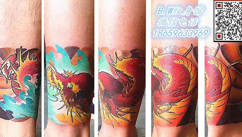 盘龙纹身图片_腿部新传统水彩纹身图案