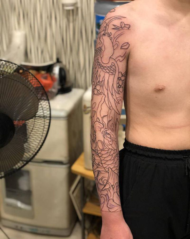 花臂线条纹身图片_肩部手臂新传统纹身图案