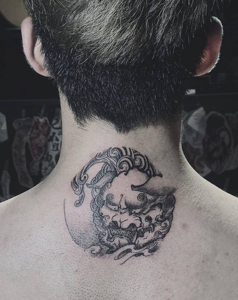 唐狮纹身图片_颈部唐狮纹身图案