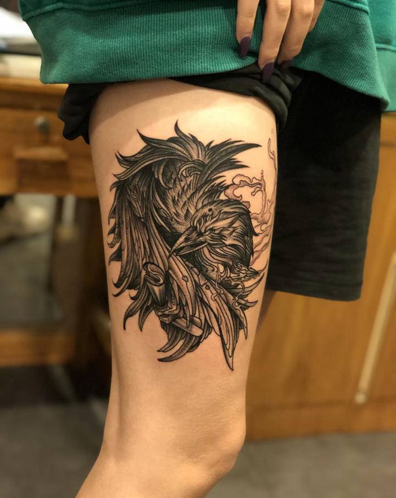 乌鸦纹身纹身图片_腿部New School纹身图案