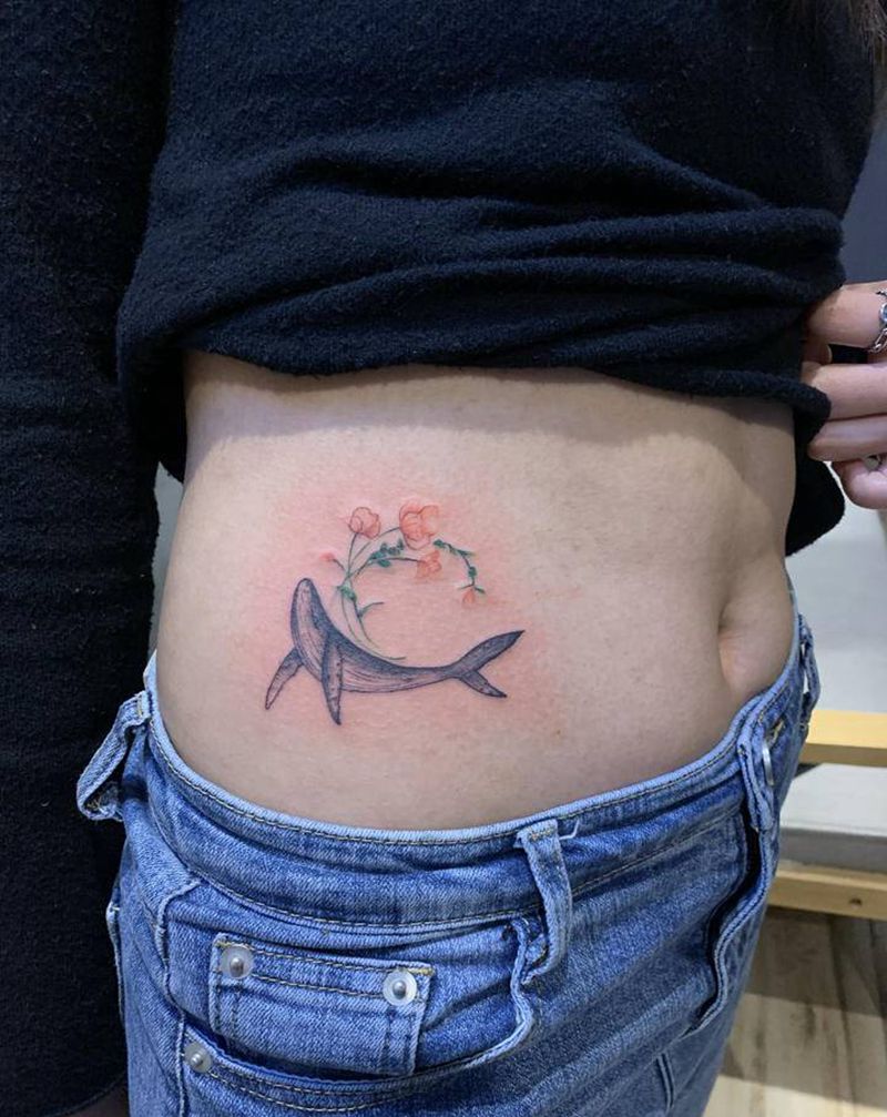 小鲸鱼纹身图片_腹部水彩纹身图案