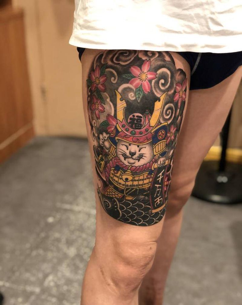 武士猫纹身纹身图片_腿部臀部老传统纹身图案