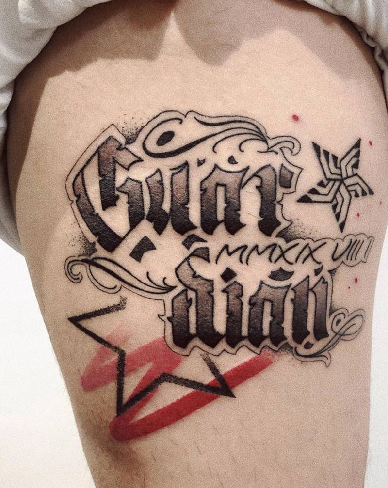 守护者纹身图片_腿部花体字星星纹身图案