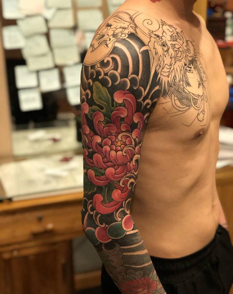 菊花纹身纹身图片_手臂手部老传统纹身图案