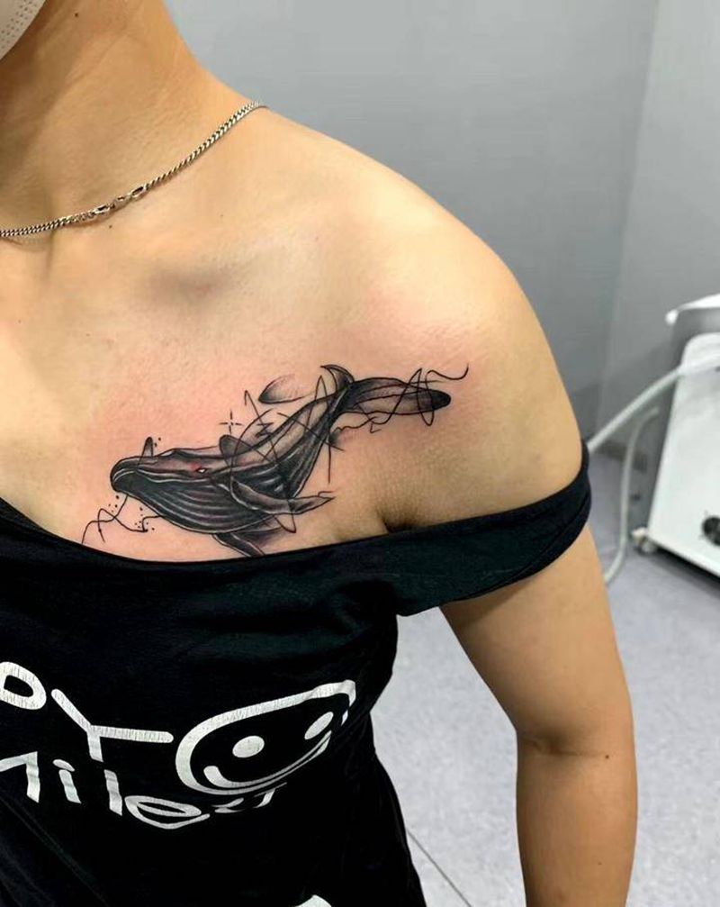 鲸鱼纹身纹身图片_胸部新传统纹身图案