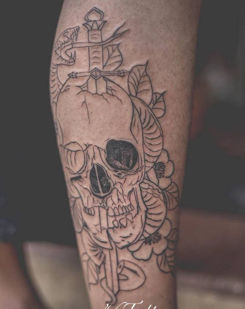 「骷」纹身图片_腿部纹身图案