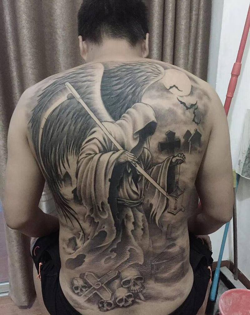 死神纹身图片_背部新传统纹身图案