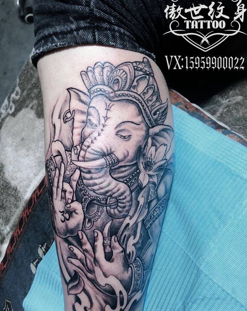 象神纹身图片_腿部新传统纹身图案