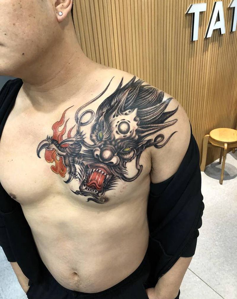 龙头纹身纹身图片_胸部新传统纹身图案