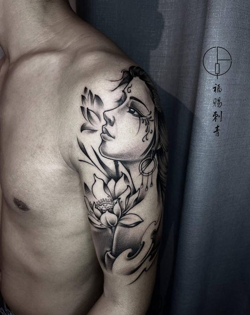 大臂花旦纹身图片_手臂手部水墨欧美写实纹身图案