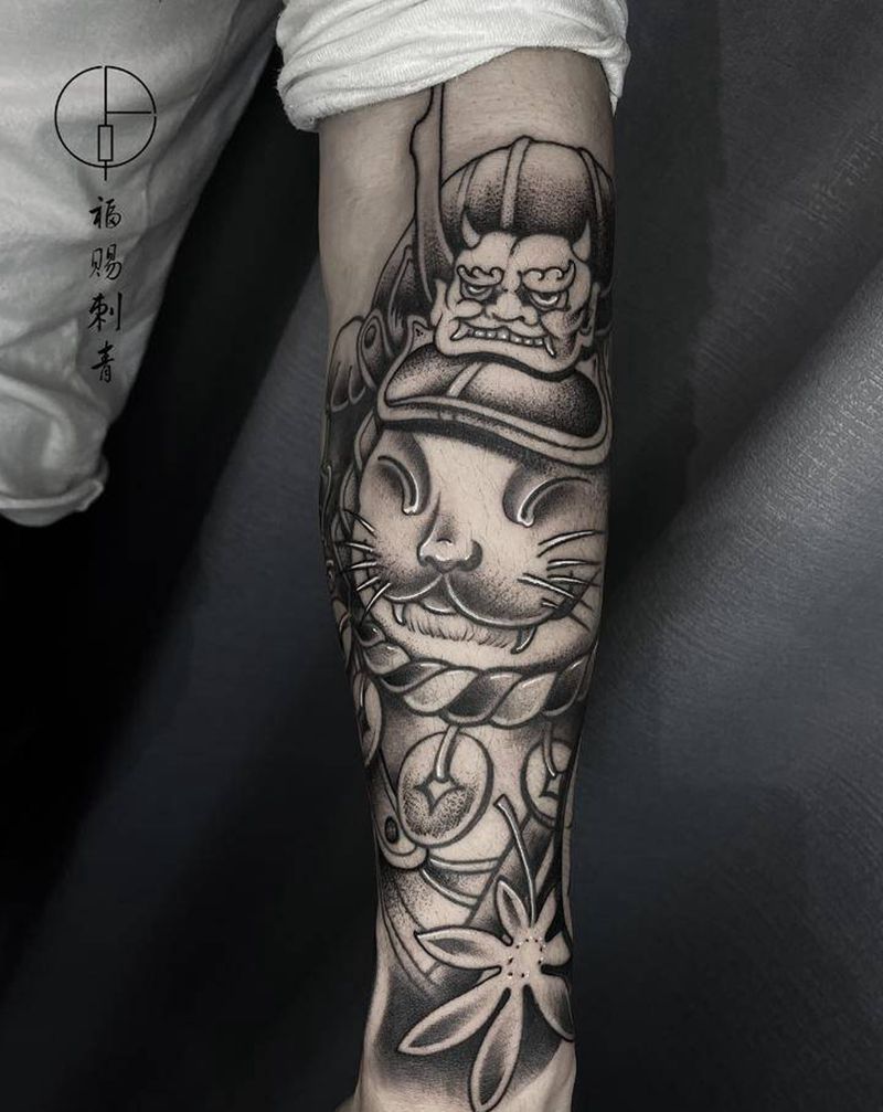 招财猫纹身图片_手臂手部新传统老传统纹身图案