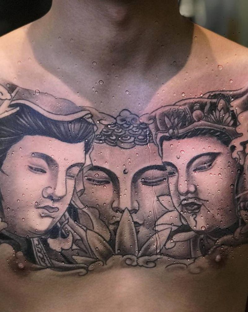 三面佛纹身图片_胸部新传统欧美写实纹身图案