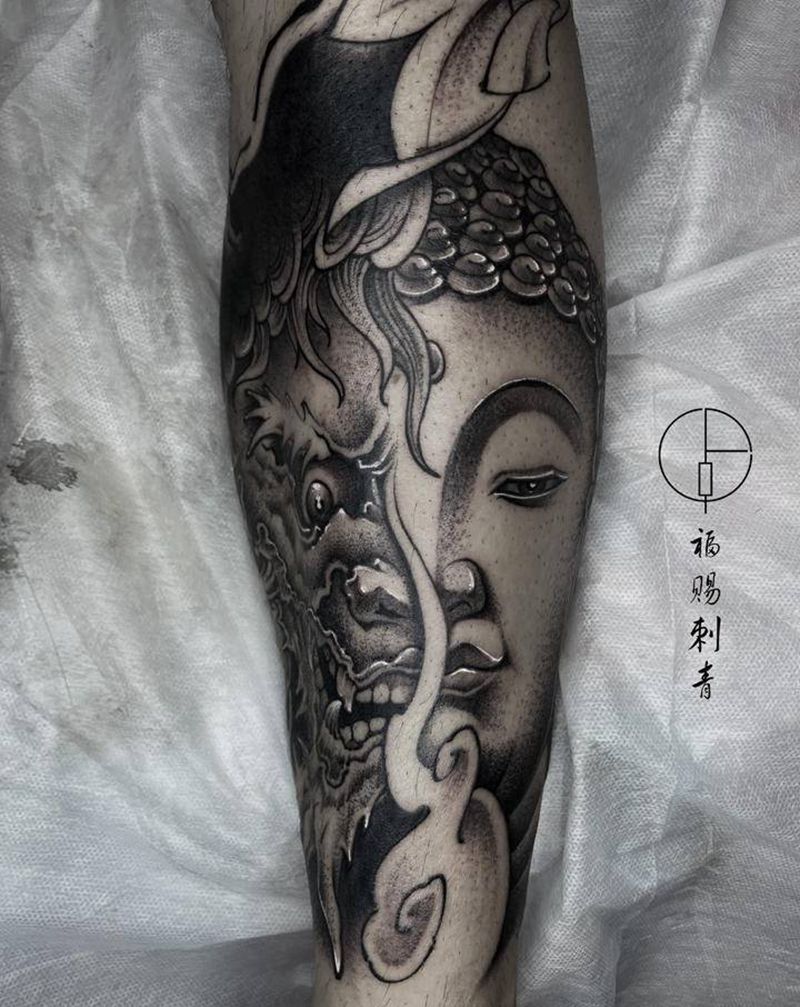 善恶纹身图片_腿部脚部新传统老传统纹身图案