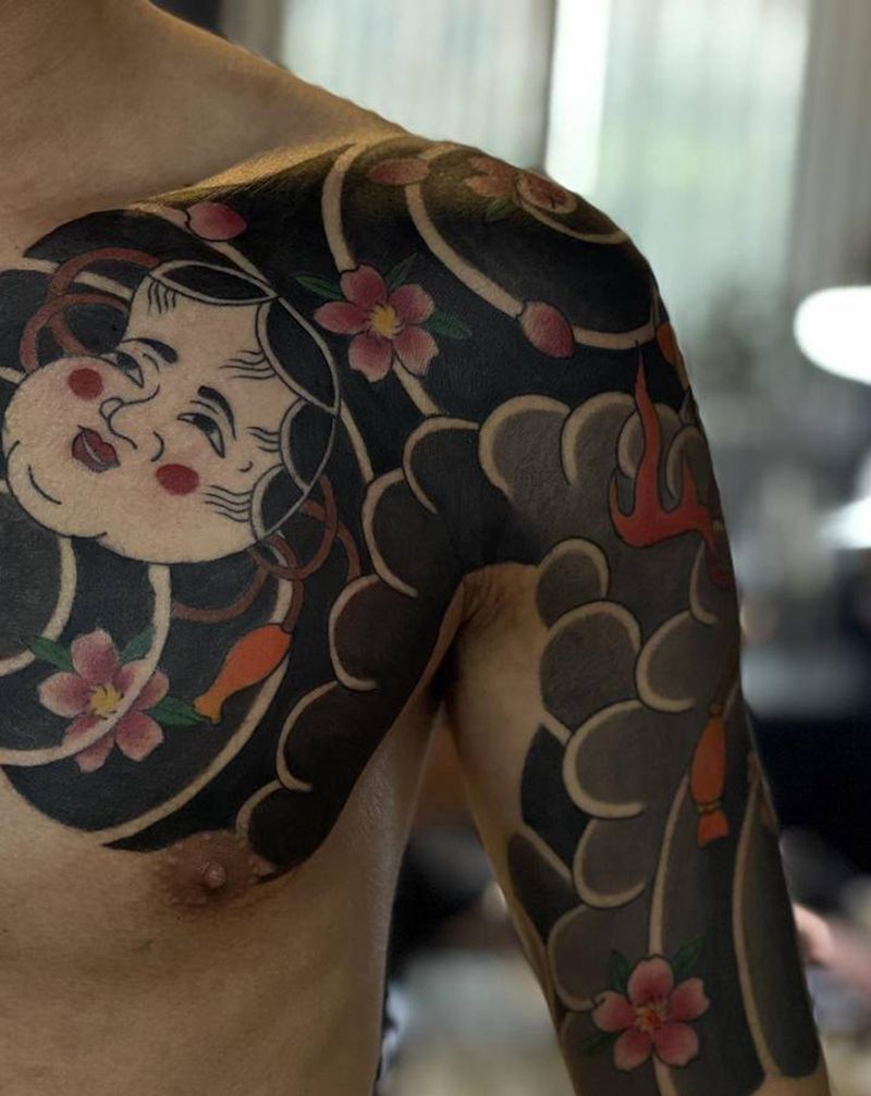 日式半甲纹身图片_胸部手臂老传统纹身图案