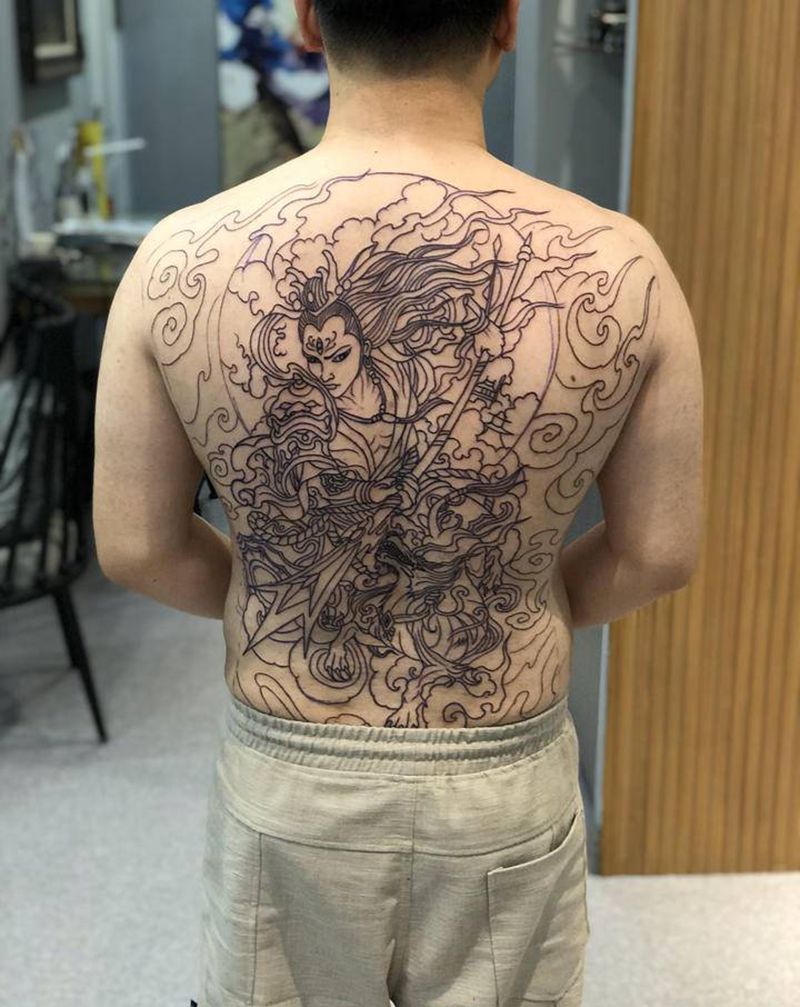 二郎神纹身纹身图片_背部新传统纹身图案