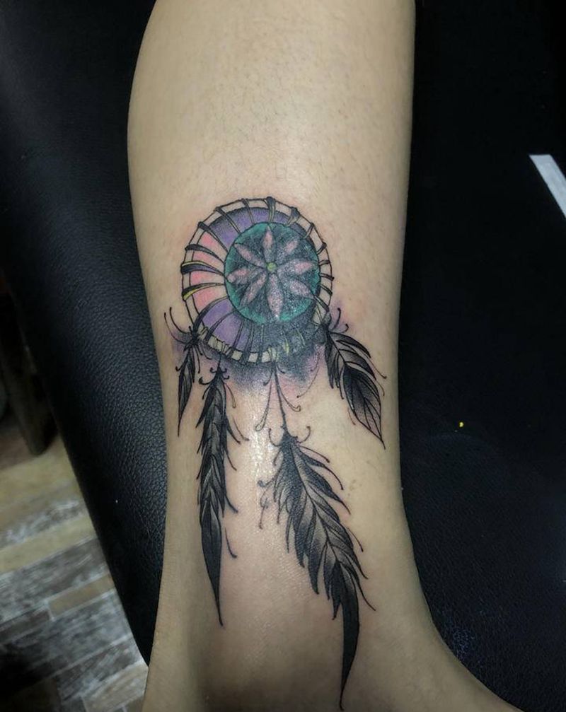 捕梦网遮盖纹身图片_腿部水彩水墨纹身图案