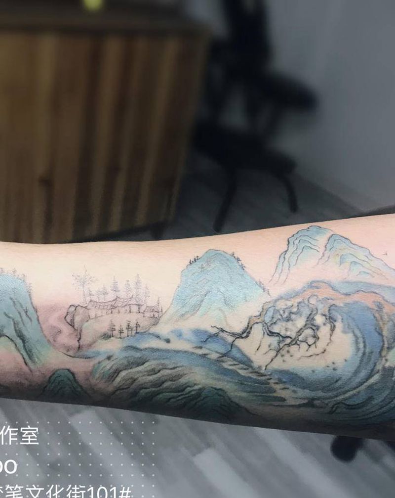 王希孟，山水千里江山图纹身图片_手部纹身图案