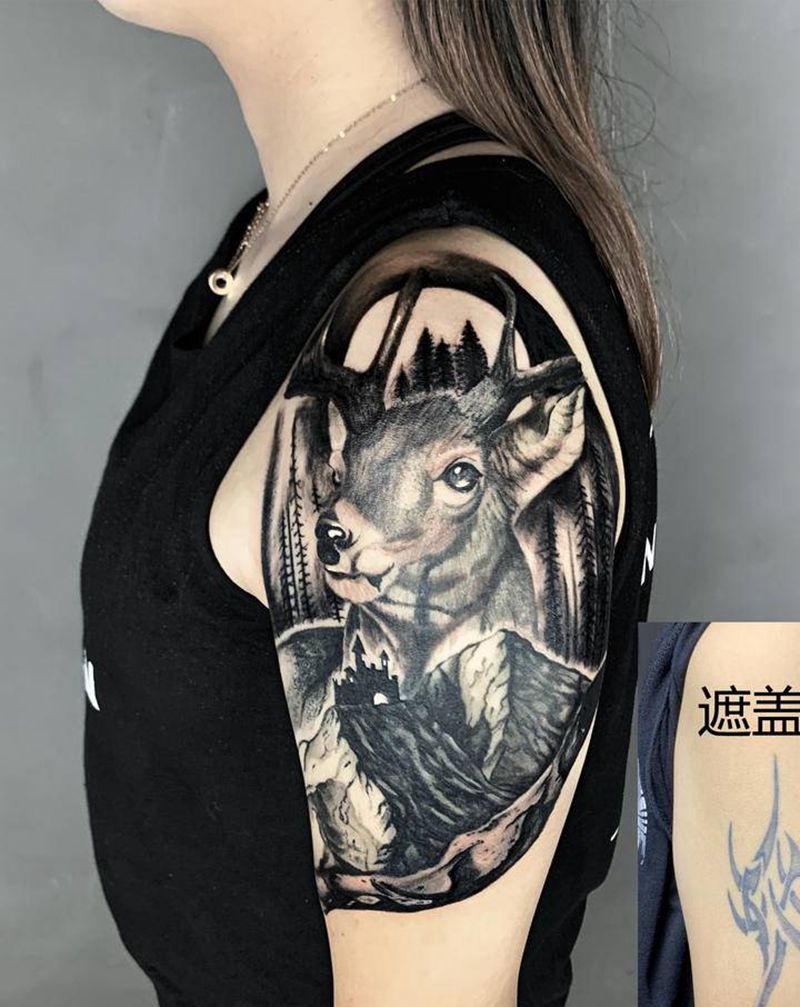 遮盖作品纹身图片_手臂肩部欧美写实图腾纹身图案