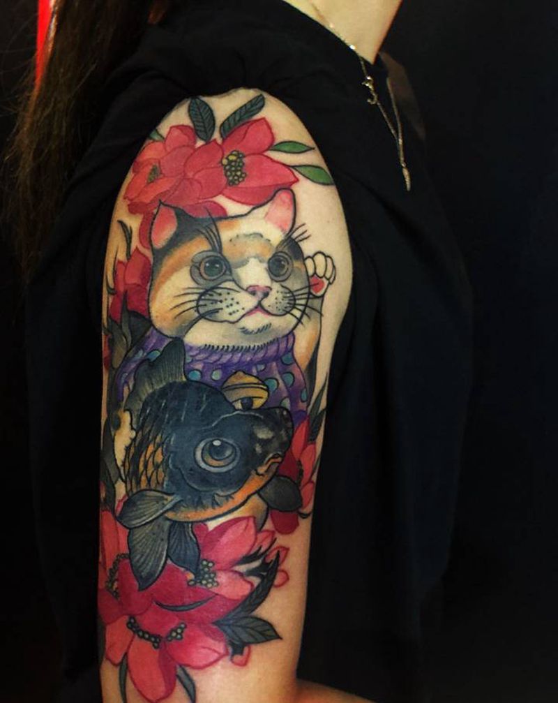 招财猫完结纹身图片_手臂新传统招财猫纹身图案