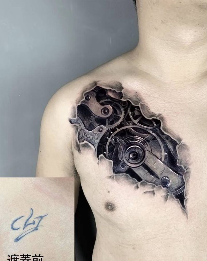 遮盖纹身图片_胸部肩部欧美写实水彩纹身图案