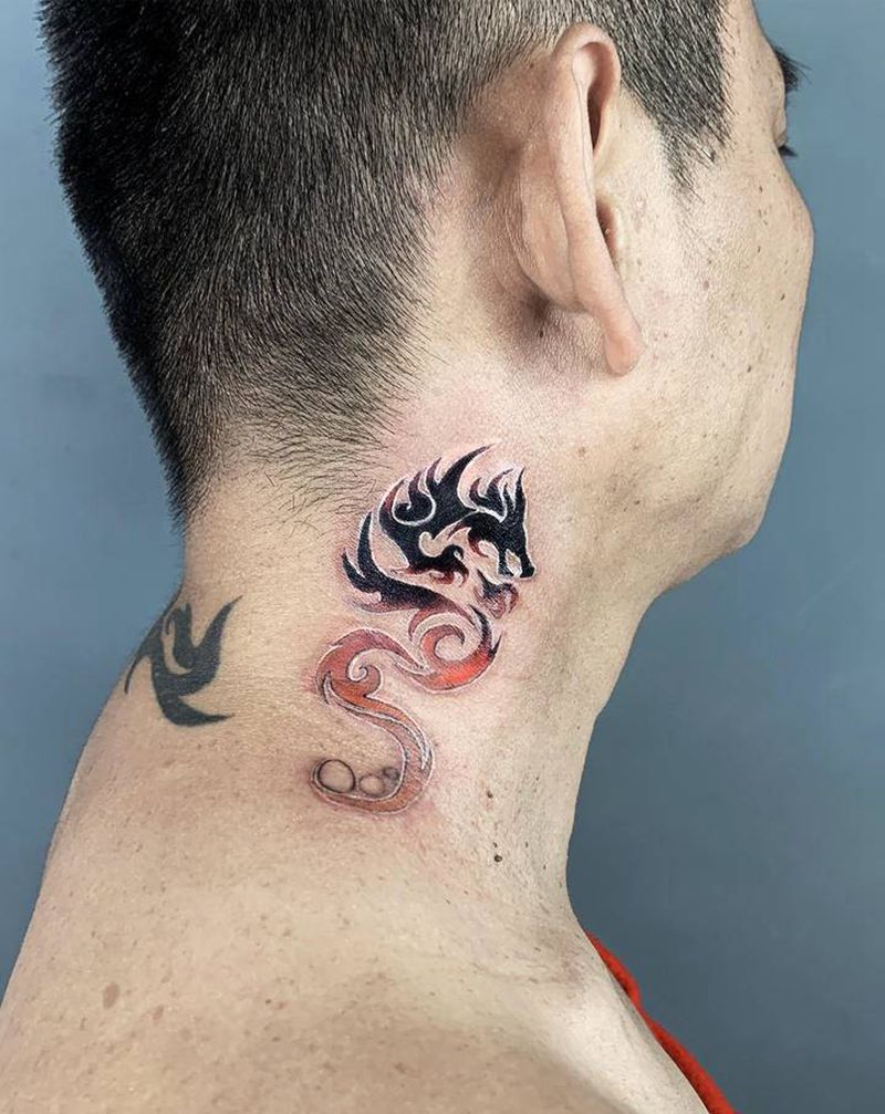 龙图腾纹身图片_颈部肩部图腾水彩纹身图案