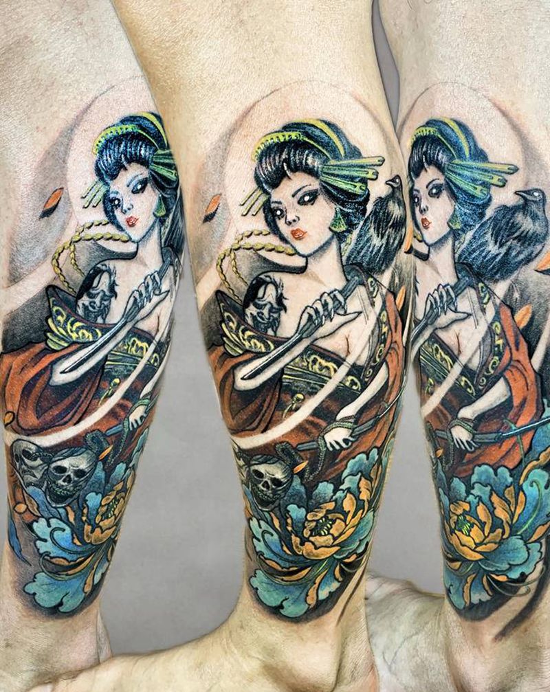艺妓纹身图片_脚部腿部新传统水墨纹身图案