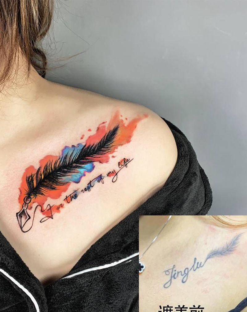 遮盖纹身图片_肩部胸部水彩水墨纹身图案