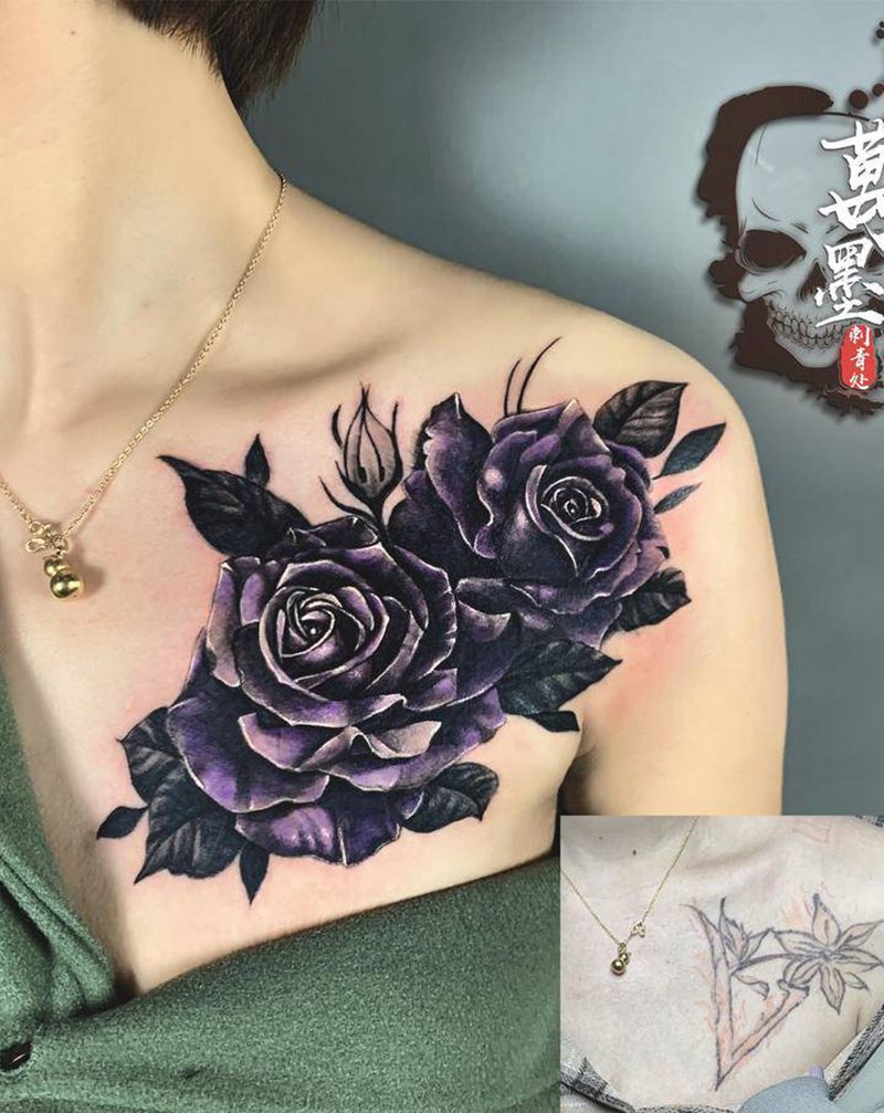 遮盖纹身图片_胸部肩部欧美写实水彩纹身图案