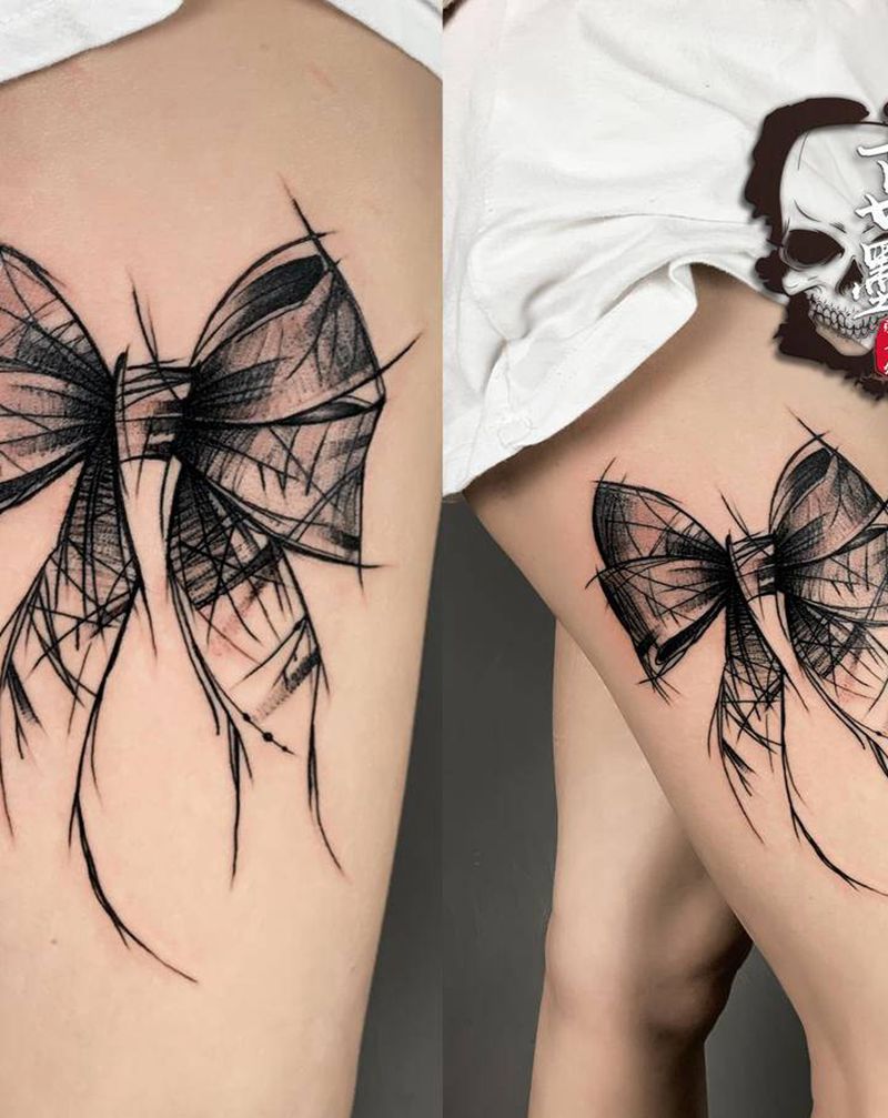暗黑速写蝴蝶结纹身图片_腿部脚部几何点刺纹身图案
