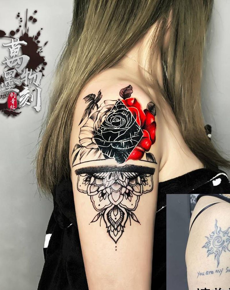 遮盖纹身图片_手臂肩部几何水墨纹身图案