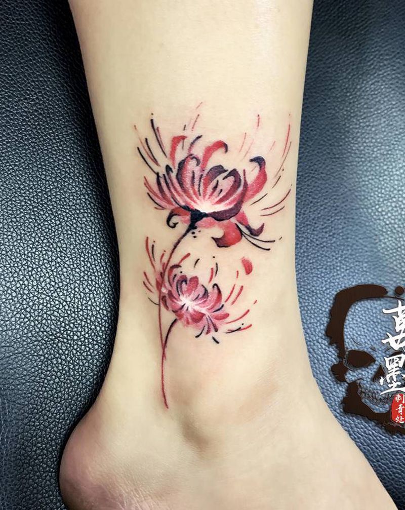 脚踝彼岸花纹身图片_腿部脚部水墨水彩纹身图案