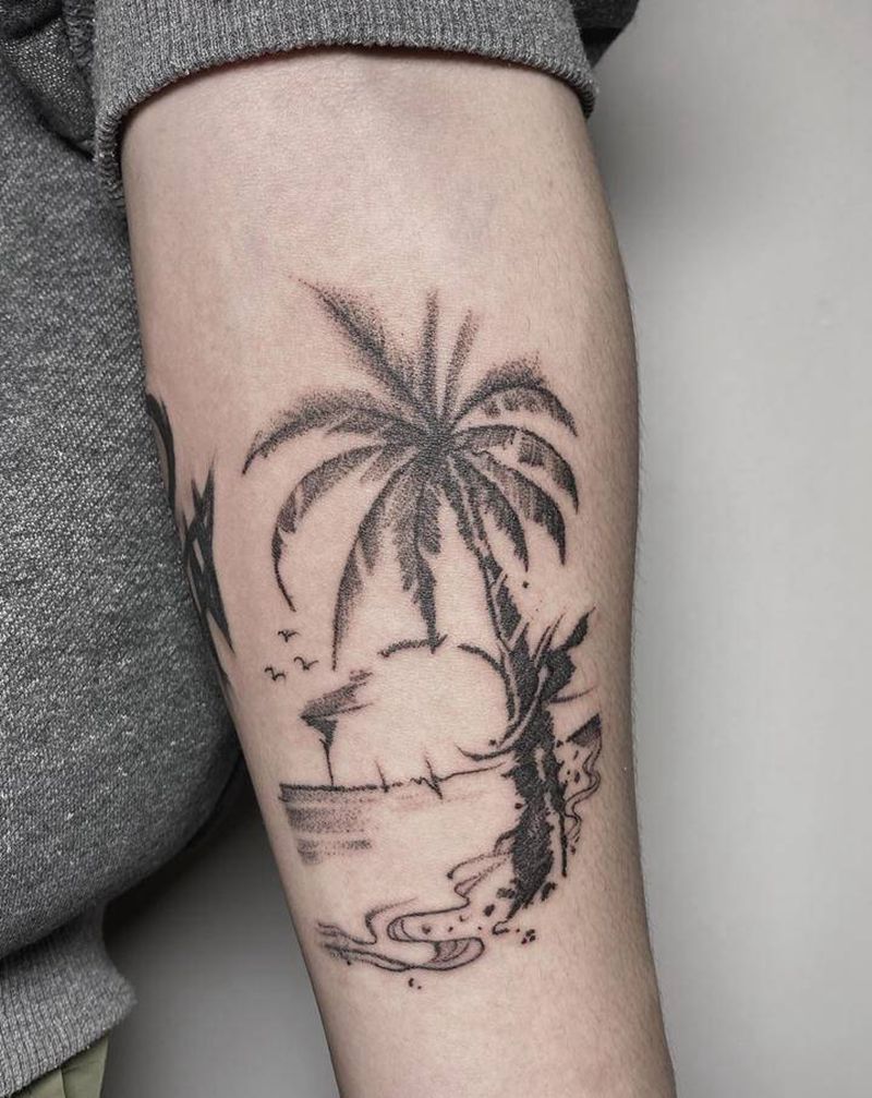 来自夏季的椰树纹身图片_手部手臂水彩点刺纹身图案